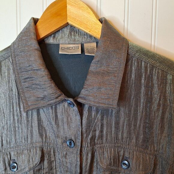 Chico's Shiny Puckered Fabric Jacket Size 2 US L Shacket Greenish Gray Button Up - Picture 3 of 9